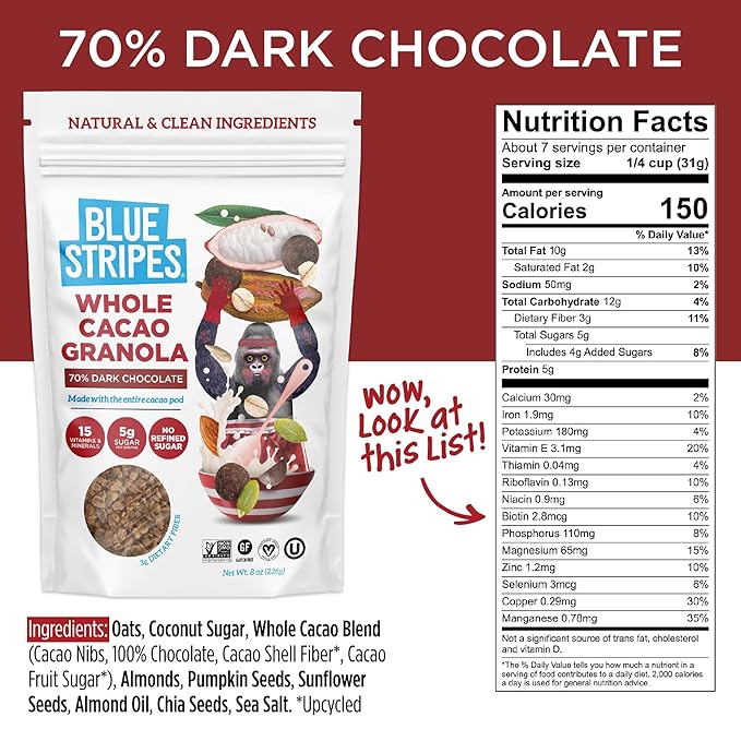 Blue Stripes Whole Cacao Granola - Gluten Free 70% Dark Chocolate Granola for Cereal, Oatmeal, Yogurt, 5g Protein Per Serving, Source of Fiber, Vegan, Low Sugar - Dark Chocolate, 8 oz Bag (2 Pack)