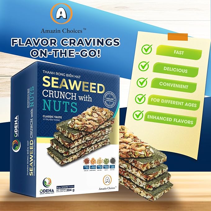 Seaweed Crunch with Nuts Classic Taste– Amazin Choices Vegan Snack Bars with Cashews, Almonds & Pumpkin Seeds – Premium Asian Chips – Seaweed Sheets – Sandwich Seaweed – Variety Pack