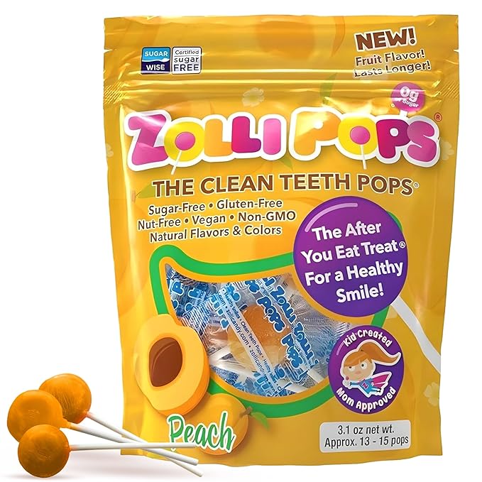 Zollipops Clean Teeth Pops Sugar Free Candy with Xylitol, Dye-Free Lollipops - Keto & Diabetic-Friendly, Dentist-Approved Treats for Kids (Peach, 3.1 oz)