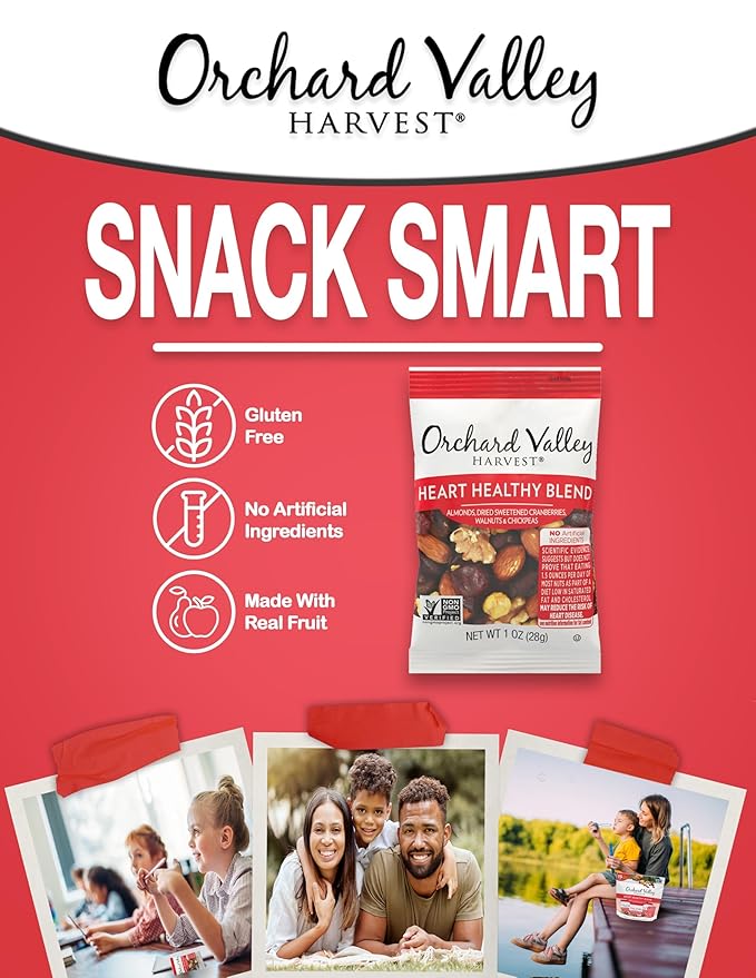 Orchard Valley Harvest Heart Healthy Blend, 1 Ounce Bags (Pack of 15), Almonds, Cranberries, Walnuts, and Chickpeas, Gluten Free, Non-GMO, No Artificial Ingredients, Healthy Snacks for Adults