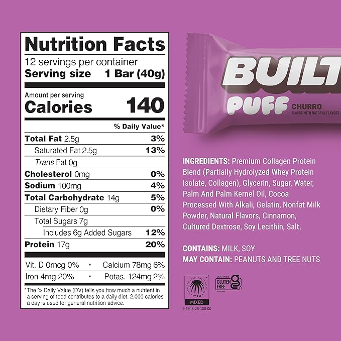 Built Bar, Puff Protein Bars, Churro Puff, 17g Protein Snacks, On-The-Go Bars, Only 140 Calories & 6g Sugar, Collagen, Gluten Free, 12 Count