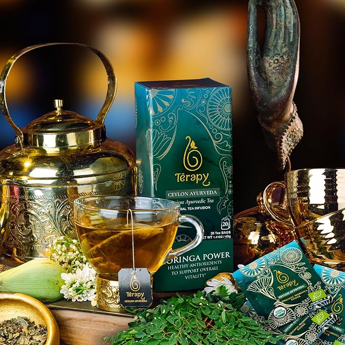 Tรฉrapy Ceylon Organic MORINGA TEA | USDA Organic Herbal Tea Bags| Helps with Vitality & Antioxidants | 100% Natural Ayurvedic Ingredients | 20 Individually Wrapped Tea Bags