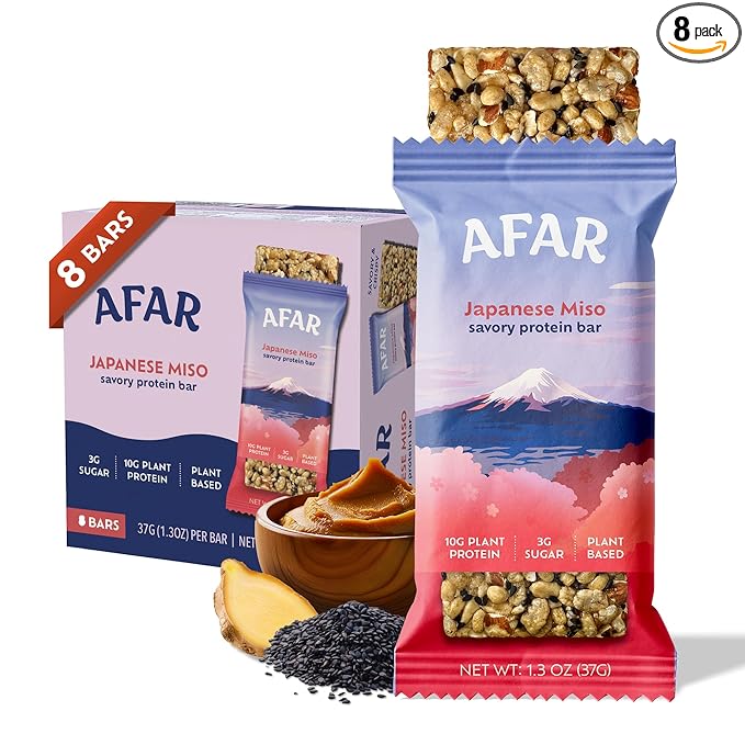 Afar Savory Protein Bars – Low Sugar, High Protein – Healthy Snacks for Adults – Meal Replacement Bar – Rice Crispy Texture – Vegan, Gluten Free (8 Bars, Japanese Miso)
