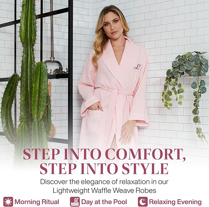Lotus Linen Waffle Robes for Women - Lightweight Cotton Kimono Bathrobe - Long Soft Spa Bath Robe