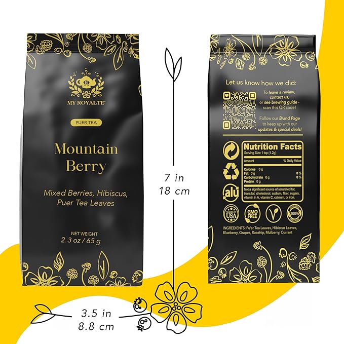MyRoyalte Mountain Berry Puerh Tea Organic - Hibiscus Tea Loose Leaf Tea With Blueberries Grapes Mullberries - Pu'er tea Rosehip Tea - Organic Herbal Tea Chinese Tea Gift Idea for Tea Lovers - 3 oz