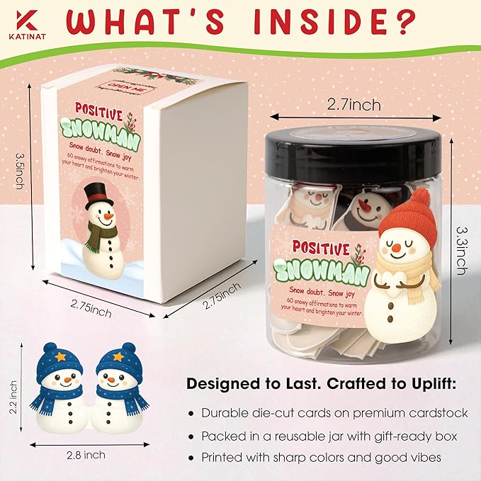 Positive Christmas Snowman Jar, 60 Snowy Affirmation Cards, Cute Christmas Gifts for Women, Teens & Coworkers, Friendship Stocking Stuffers, White Elephant Holiday Gift Idea