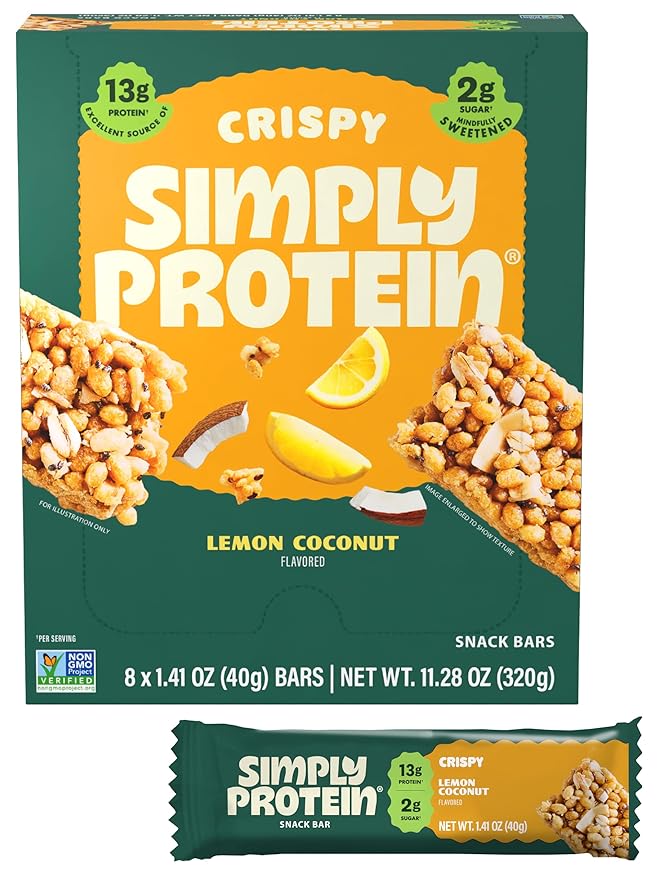 Simply Protein - Lemon Coconut Crispy Bars - Plant Based Protein Bars - Low Carb, Low Sugar, High Fiber - 13g Protein, 2g Sugar, 7g Fiber - Vegan, Gluten Free, Non GMO, Kosher - 8 Bars