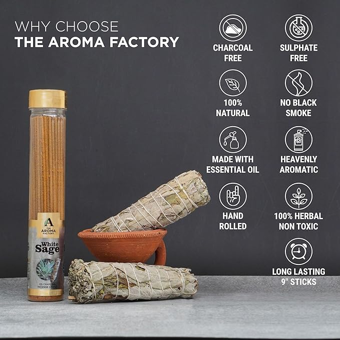 The Aroma Factory White Sage Charcoal Free Incense Stick, Scented Agarbatti, 100% Herbal Premium Aromatherapy, Meditation Prayer Relaxation, Crafted for Luxury Seekers (100g)