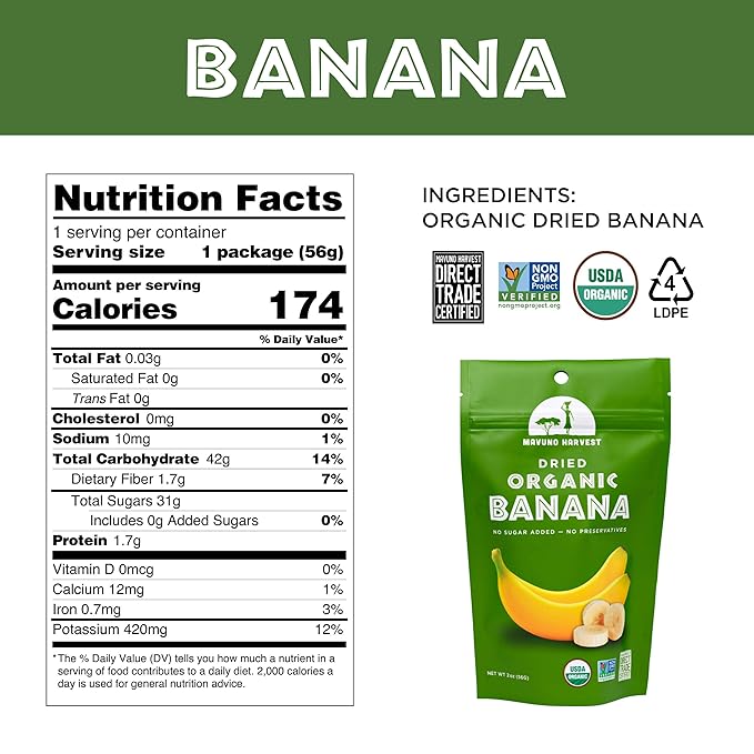 Mavuno Harvest Dried Banana Chips Fruit Snacks | Organic Dried | Healthy for Kids & Adults | Unsweetened Chips | Gluten Free | Vegan, Non GMO, Direct Trade | 2 Oz, Pack of 3