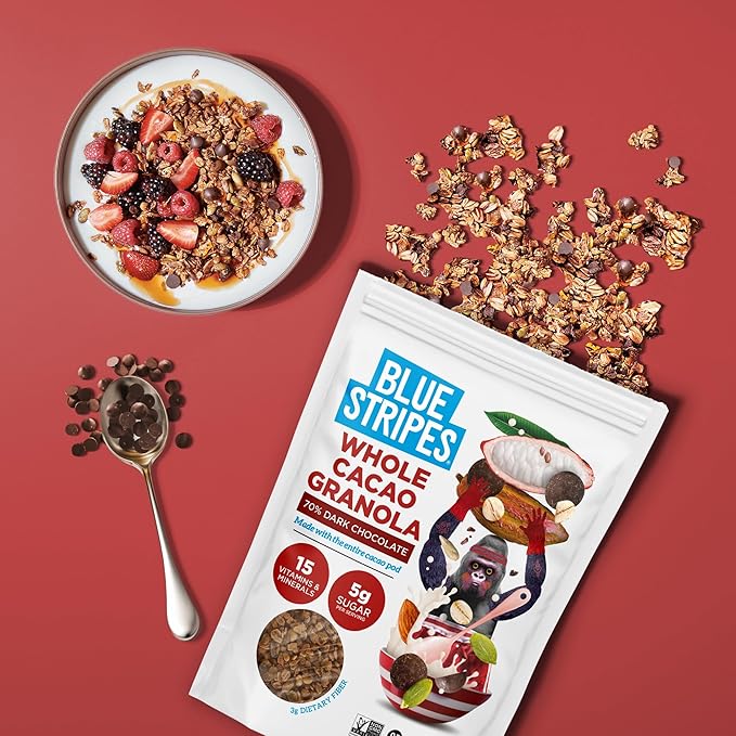Blue Stripes Whole Cacao Granola - Gluten Free 70% Dark Chocolate Granola for Cereal, Oatmeal, Yogurt, 5g Protein Per Serving, Source of Fiber, Vegan, Low Sugar - Dark Chocolate, 8 oz Bag (2 Pack)