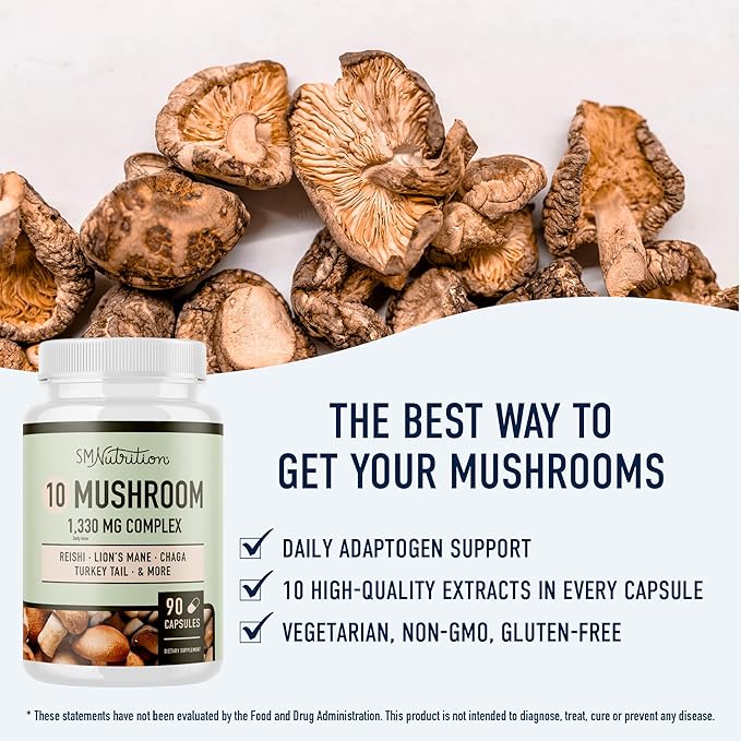 10 Mushroom Complex Supplement | 1300+ MG Blend with Lions Mane, Turkey Tail, Cordyceps, Reishi, Shiitake, Maitake, Chaga & White Button Mushroom | Immune & Adaptogen Support | 90 C