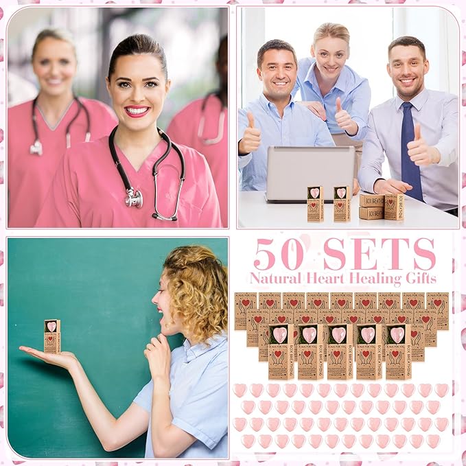 Landical 50 Sets Pocket Hug Token Gifts Small Crystal Heart Stones Bulk with Boxes Mini Heart Shape Natural Stones for Colleagues Family Distance Social Celebration of Life Gifts(Pink)