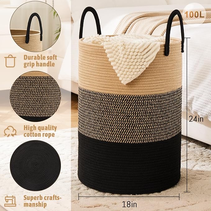 Laundry Basket,Woven Cotton Rope Laundry Hamper,100L for Decorative Storage of Dirty Clothes,Toys and Blankets in Bathroom,Bedroom and Living Room