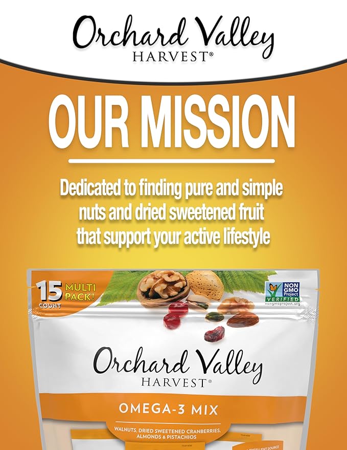 Orchard Valley Harvest Omega-3 Mix, 1 Ounce Bags (Pack of 15), Walnuts, Cranberries, Almonds, and Pistachios, Gluten Free, Non-GMO, No Artificial Ingredients, Healthy Snacks for Adults