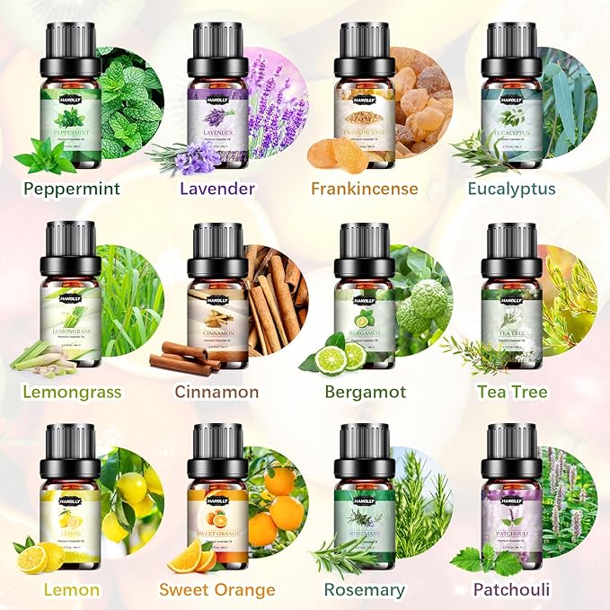 Essential Oils Set, Aromatherapy Essential Oil Kit for Diffuser, Humidifier, Massage, Skin Care (12 x 5ml) - Tea Tree, Lavender, Sweet Orange, Eucalyptus, Lemongrass, Peppermint