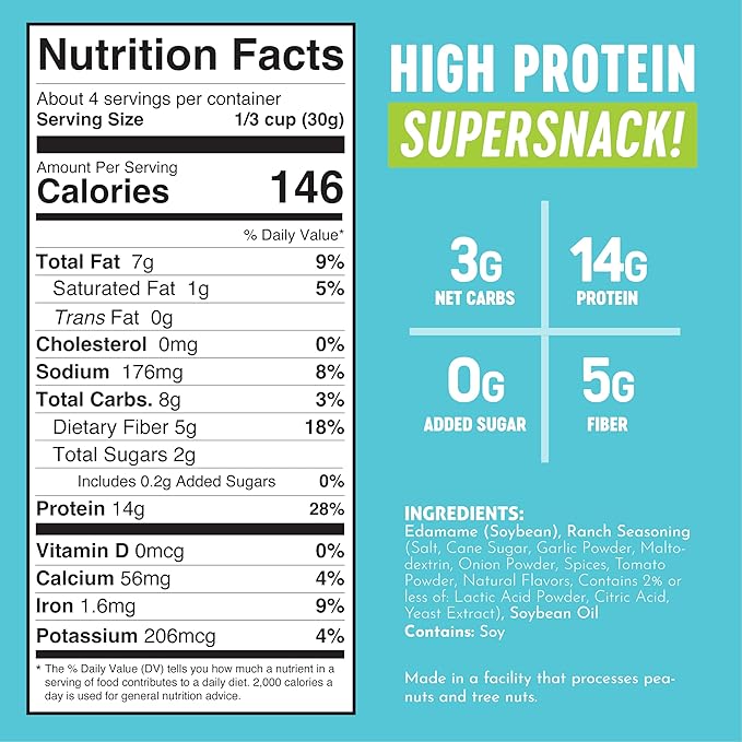 The Only Bean Edamame Dry Roasted Low Carb Snacks (Ranch), Vegan Gluten Free Snacks, Healthy Snacks for Kids and Adults, High Protein Snacks, Keto Snacks, Diabetic Snacks, 4oz (Pack of 3)