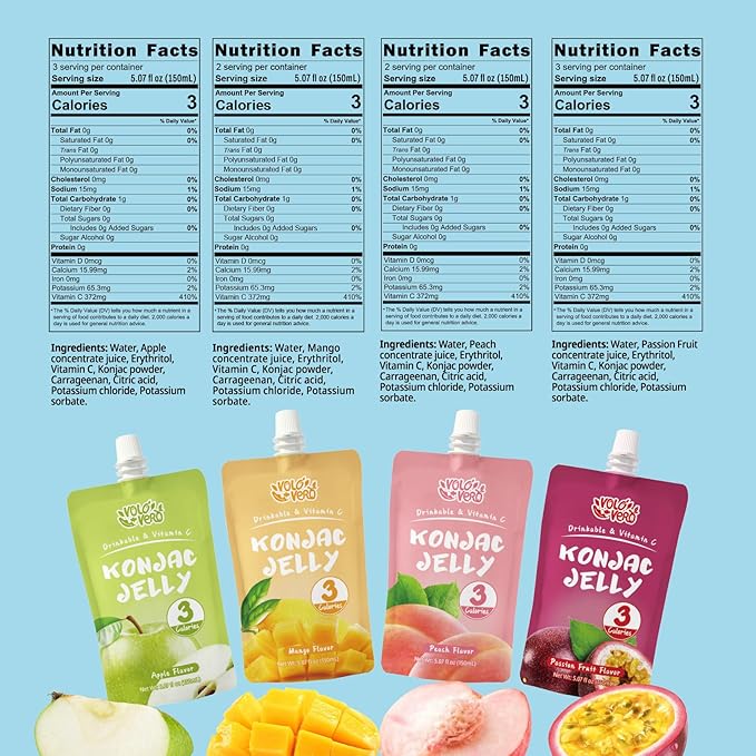 VOLO VERO Drinkable Konjac Jelly Variety Pack, 3 Calories, 10 Pack, 0 Sugar, Vegan, Gluten Free, Keto, Vitamin C Fruit Snacks Holiday Gifts - Flavors Include Mango, Peach, Passion Fruit, and Apple Pouches