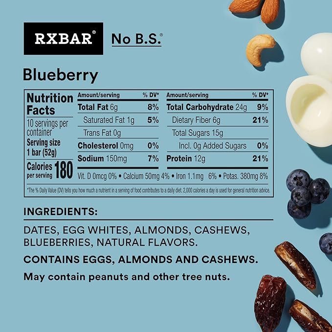 RXBAR Protein Bars, Protein Snack, Snack Bars, Blueberry, 18.3oz Box (10 Count)