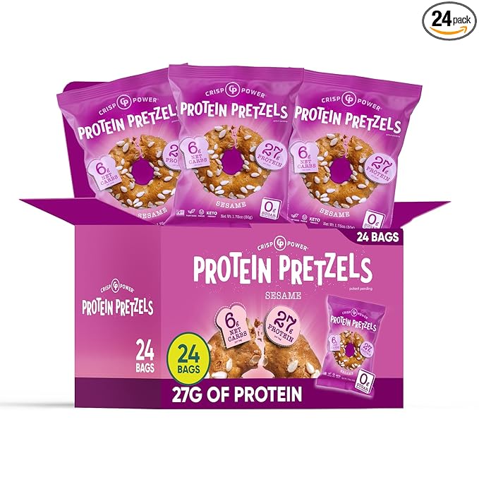 Crisp Power Protein Pretzels, Sesame, High Protein Vegan Keto Snack, 27 G Plant Based Protein, Low Carb Crunchy Pretzel Snacks, Sugar Free, No Seed Oils, 1.75 oz Bags, 24 Pack