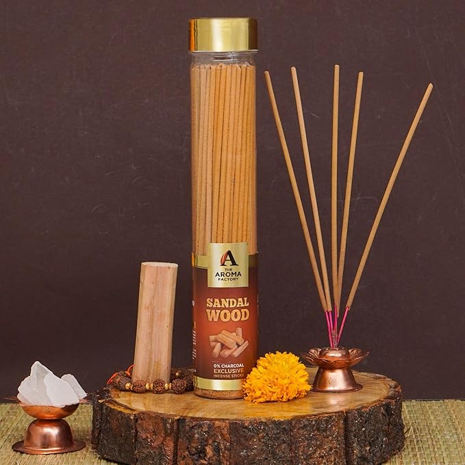 The Aroma Factory Chandan Sandalwood Agarbatti for Pooja, Luxury Incense Sticks, Premium and Fresh Fragrance for Home, Meditation (Bottle Pack of 1, 100 Gram) 4 Cm X 4 Cm X 26 Cm Multicolour