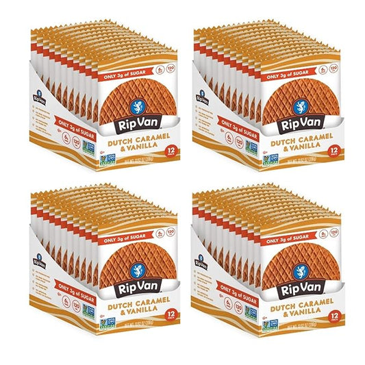 Rip Van Wafels Dutch Caramel & Vanilla Stroopwafels - Healthy Snacks - Non GMO- Keto Friendly - Office Snacks - Low Sugar (3g) - Low Calorie- 48 Pack