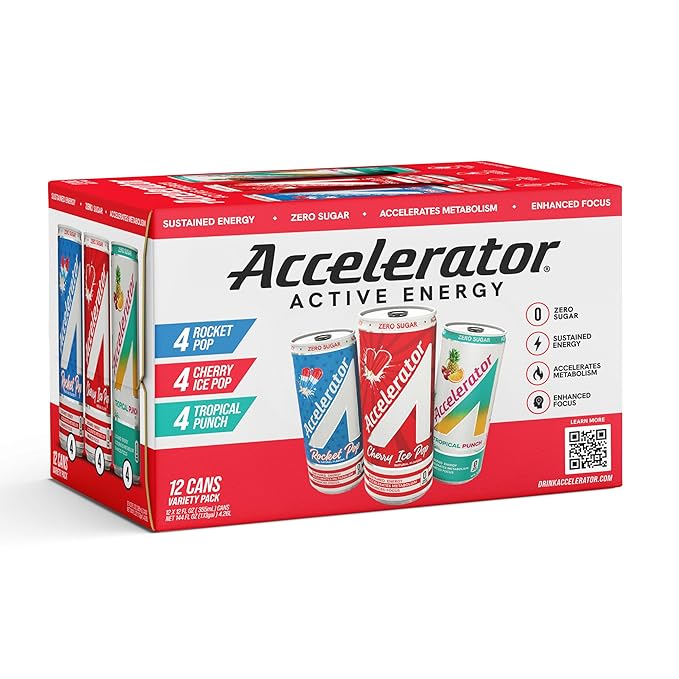Accelerator Energy Drink Sugar Free, Variety Pack 12oz can(12 pack), Zero Sugar Energy Drinks with Sustained Energy from 100% Natural Caffeine (200mg) & Green Tea extract