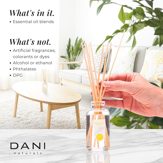 DANI Naturals Reed Diffuser Set - Vanilla Sandalwood Scent - Aromatherapy Essential Oils - Alcohol-Free, Non-Toxic - 10 Sticks - 3.5 oz