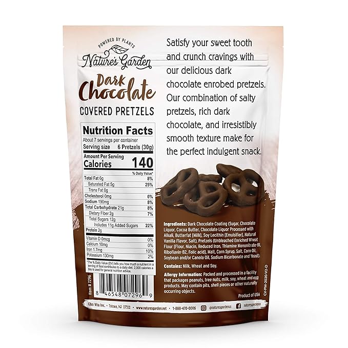 Nature's Garden Dark Chocolate Covered Pretzels - No Trans Fat, Indulgent Snack, Dark Chocolate Pretzels – 7 Oz Bag (Pack of 1)