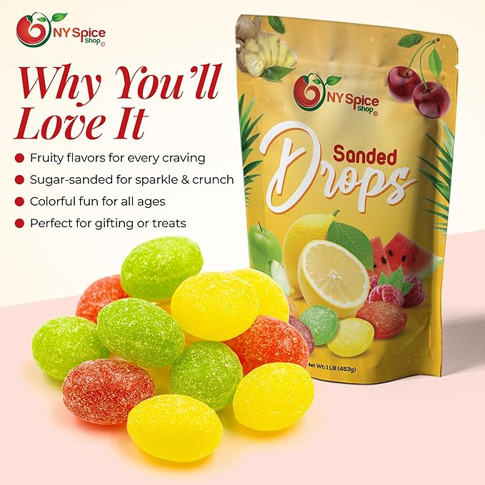 NY SPICE SHOP Mix Fruits Sanded Candy Drops - 1 Pound Old Fashioned Sanded Drops – Fresh Delicious Bulk Candy – Sanded Hard Candy – Tangy and Sweet Healthy Snacks