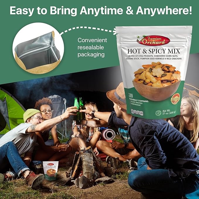 MIXED NUTS Hot & Spicy Mix - Chili Peanuts Habanero Corn Nuts Sesame Sticks Pumpkin Seed Kernels and Rice Crackers Gluten Free Snacks Non GMO Healthy Snacks Nuts - 17 oz