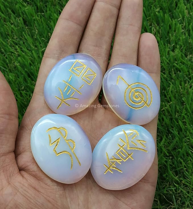 Amazing Gemstone Opalite Crystal Reiki Stones with Engraved Symbols for Usui Reiki Healing, Set of 4 Pcs (Indian Handmade Reiki Gift Set)
