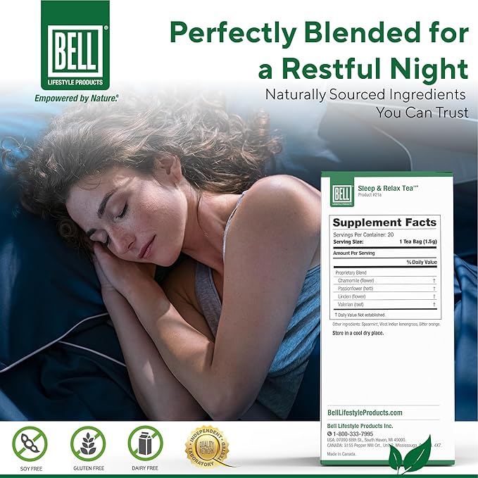Bell Lifestyle Sleep & Relax Herbal Tea - Night Time Blend with Chamomile, Passionflower, Linden, Valerian, 100% Natural, Vegan, Caffeine-Free - 20 Tea Bags