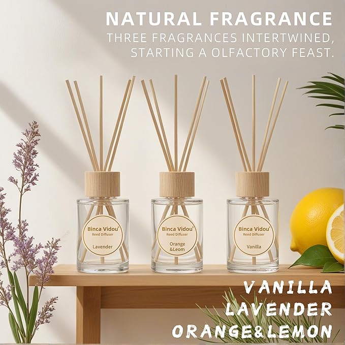 Reed Diffuser Set, Binca Vidou Lavender Vanilla Orange & Lemon Natural Scent Oil Diffusers with Sticks for Home Office Bathroom Aromatherapy Decor 2.7oz x 3