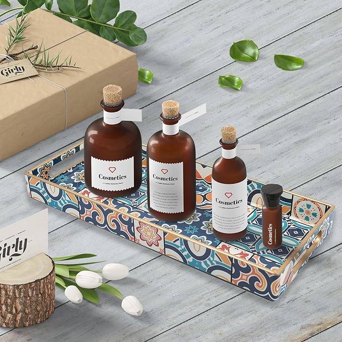 Bathroom Vanity Tray for Countertop, Small Plastic Toilet Tank Tray Versatile Storage & Organization Tray for Makeup, Perfume, Desk, Kitchen, Candles, 13.7"x6"x1.4", 35Boho2