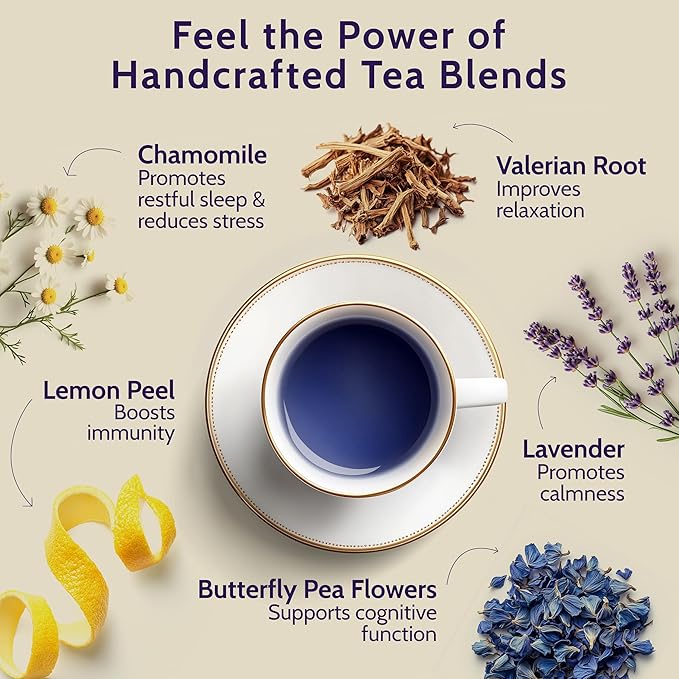 Blooms & Leopard Premium Herbal Tea with Chamomile, Rose Petals, Lavender, Valerian Root, Lemon Peel, 20 Herbal Tea Bags, caffeine-free - A Hummingbird's Holiday