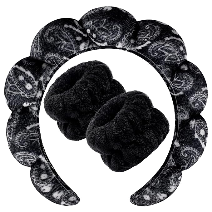 Zkptops Spa Headband for Washing Face Wristband Set Sponge Makeup Skincare Velvet Fabric Bubble Soft Get Ready Hairbands for Women Puffy Headwear Non Slip Thick Thin Hair Accessory(Black Large Nuts)