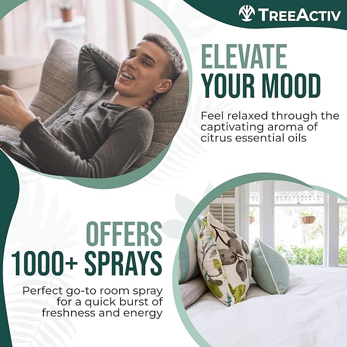TreeActiv Aromatherapy Room Spray 4 oz, Natural Citrus Air Freshener, Essential Oil Odor Eliminator for Bedding, Pillow, Linen Mist, 1000 Sprays