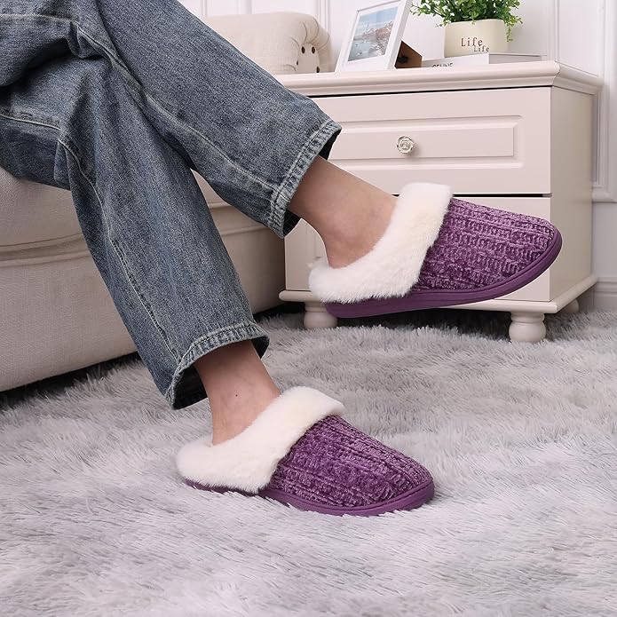 Evshine Warm Knit House Slippers for Women Comfy Wool-Like Lined Chenille Slippers with Memory Foam and Indoor Outdoor Soles