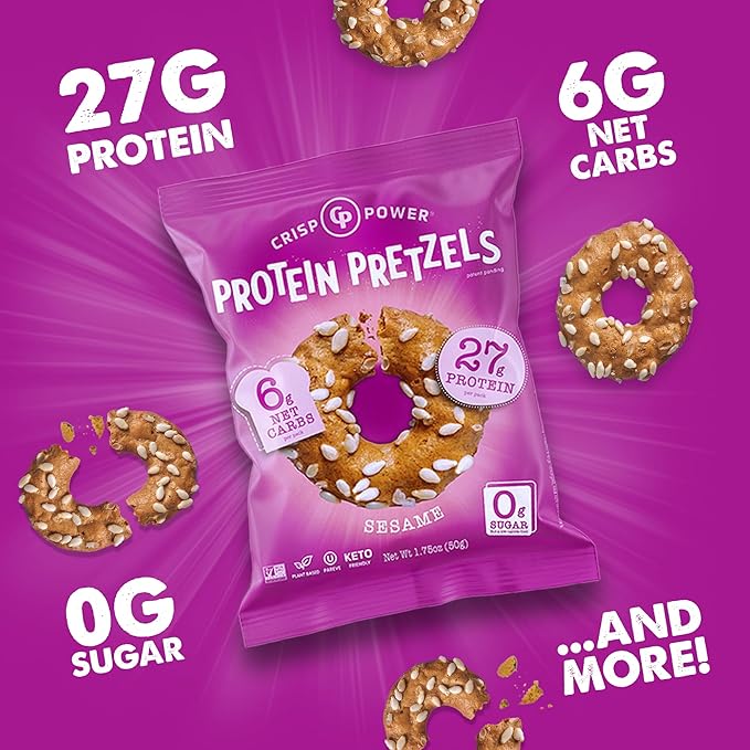 Crisp Power Protein Pretzels, Sesame, High Protein Vegan Keto Snack, 27 G Plant Based Protein, Low Carb Crunchy Pretzel Snacks, Sugar Free, No Seed Oils, 1.75 oz Bags, 24 Pack