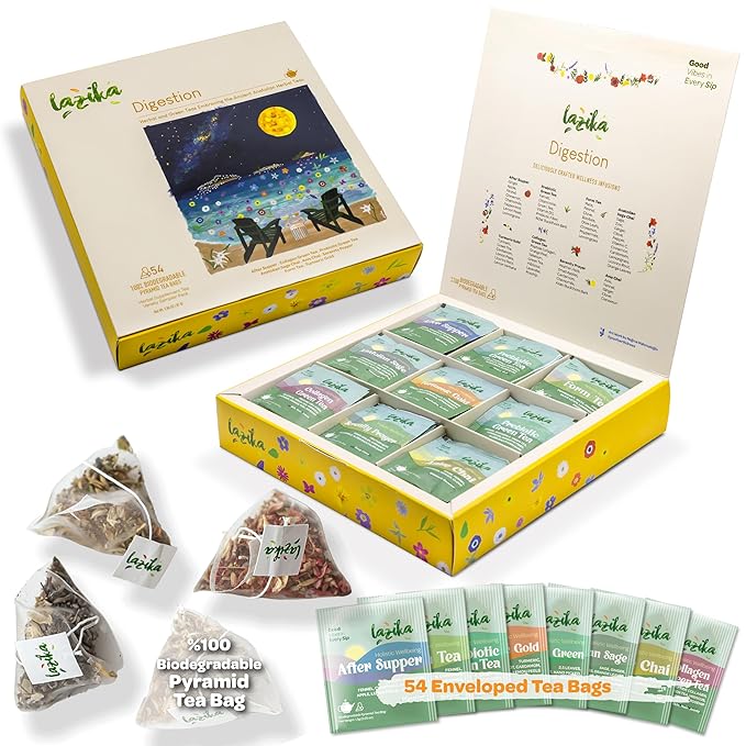 Lazika Herbal Tea Variety Pack with Lovely Presentation Box, 54 Counts Digestion Tea Assortment Gift Set, Premium Collection with Pyramid Infuser Bag, Handcrafted