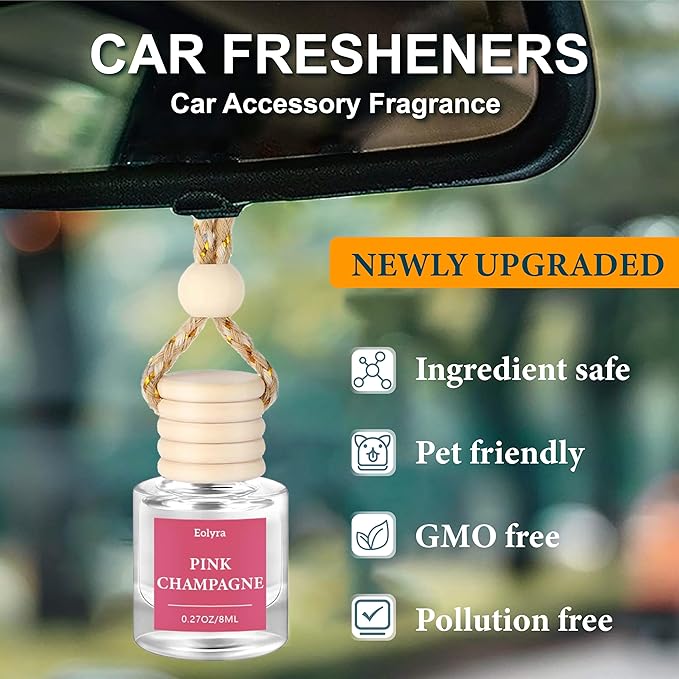 Hanging Car Air Freshener (Pack of 3) : Luxury Car Perfume for Women Men | Cute & Reusable Bottle with 45+ Days Long-Lasting Fragrance Oil Diffuser, Pink Champagne