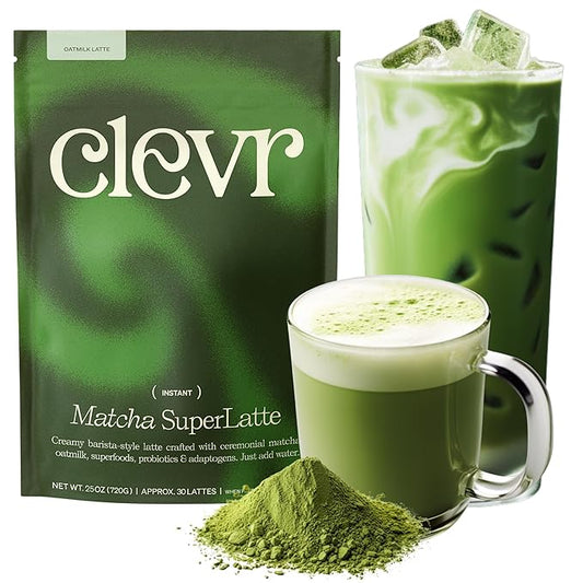 Clevr Blends Organic Matcha Green Tea Latte, Instant Ceremonial Grade, Superfood Powder Blend with Oat Milk, Lions Mane, Reishi Mushroom, Coconut Cream, Ashwagandha, Serve Hot or Iced, (30 Lattes)