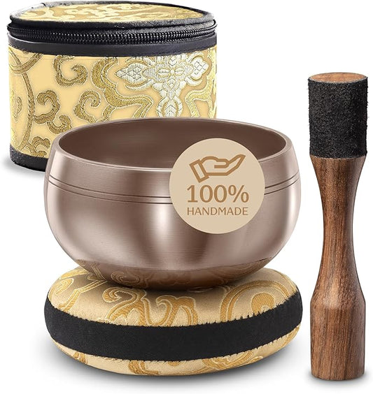 Tibetan Singing Bowl Set with Case – Authentic Plain Design – Meditation Bowl & Sound Bowl with Cushion, Mallet & Guide – Handmade Nepali Bowls – Chakra Balancing – Meditation Sound Bath Kit