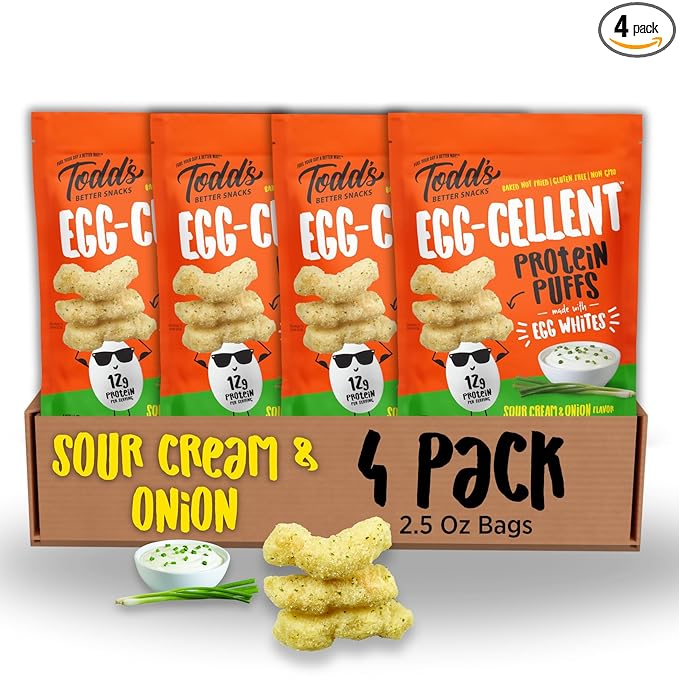 Todd's Better Snacks Egg-Cellent Protein Puffs, Sour Cream & Onion – 12g Protein, Gluten-Free, Paleo-Friendly, Baked, GLP-1 Compliant – Healthy Snack, Made with Egg Whites – 2.5 Oz (Pack of 4)
