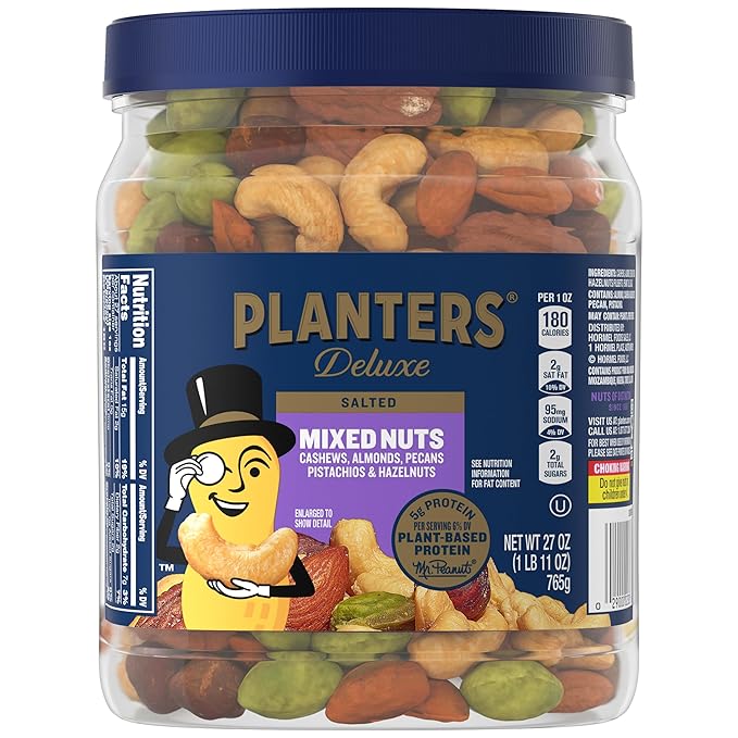 PLANTERS Deluxe Mixed Nuts, Cashews, Almonds, Pecans, Pistachios, Hazelnuts, Roasted with Sea Salt, Party Snacks, Plant-Based Protein Nut Mix, Snacks for Adults, After School Snack Mix, 27oz