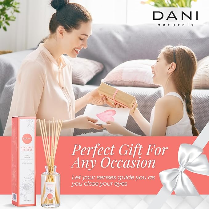 DANI Naturals Reed Diffuser Set - Tropical Coconut Hibiscus Scent - Aromatherapy Essential Oils - Alcohol-Free, Non-Toxic, Eco-Friendly - 10 Sticks - 3.5 oz