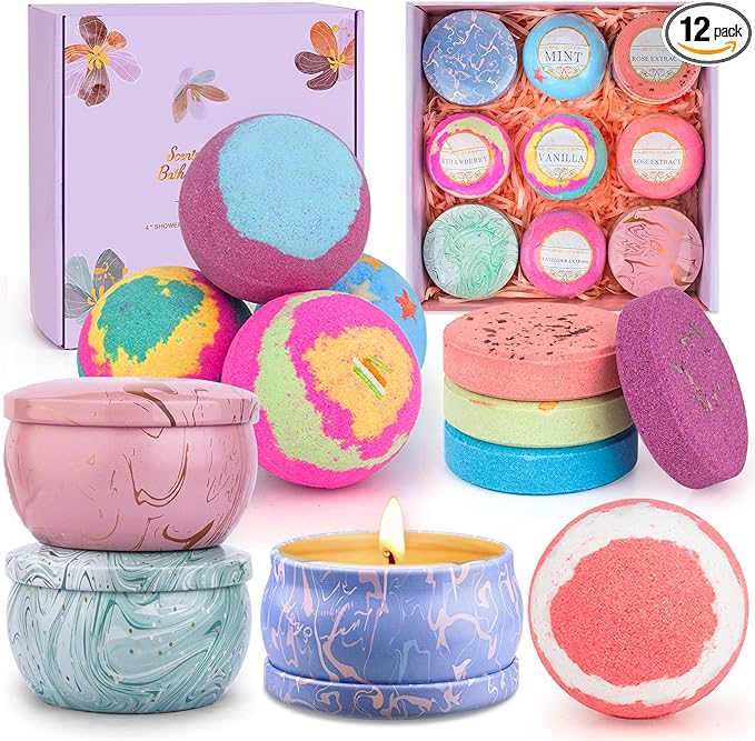 Bath Bombs for Women, Relaxing Spa Gift Basket Set, Unique Self Care Gift for Women, Bath Bombs+Scented Candles+Shower Steamer Bubble Bath Gifts for Mom Sister Friend Wife Teacher Nurse