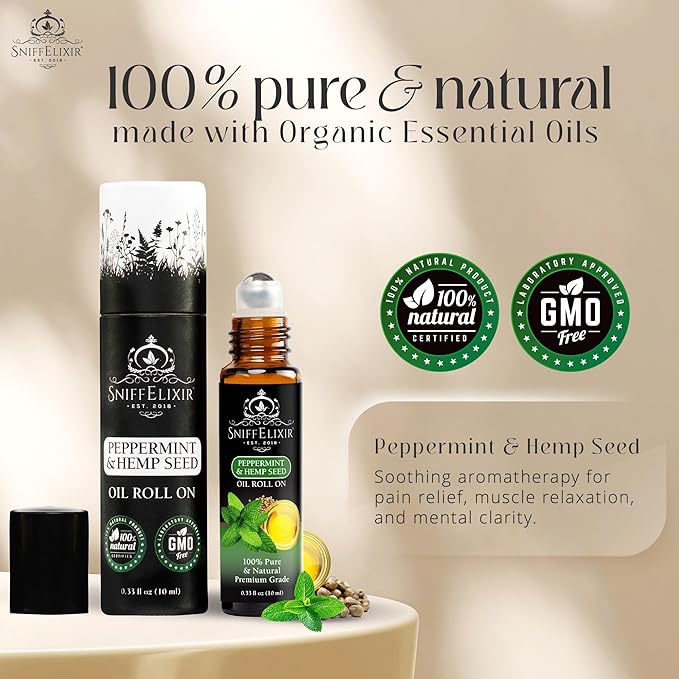 Peppermint Essential Oil Roll On with Hemp Seed Oil, Essential Oils Peppermint to Ease Headaches & Migraine, Used as Headache Stick, Oil Roller - Aromatherapy Gifts for Women and Men