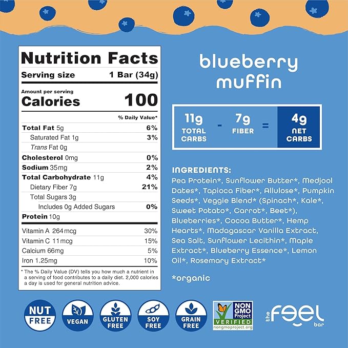 Feel Bar Minis – Kids Protein Bars | Blueberry Muffin | 10g Plant Protein | 100 Calories | No Added Sugar | + Daily Veggies | Gluten Free, No Nuts, No Soy, No Dairy, No Grains (12 Pack)