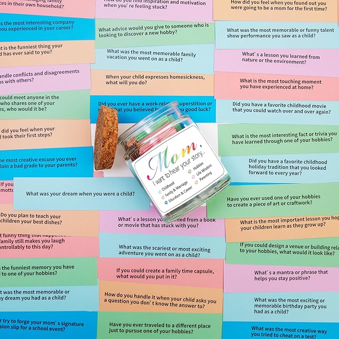 Mom, I Want to Hear Your Story Jar with 90 PCS Cards, Mothers Day Birthday Gifts From Daughter Son, Christmas Mother in Law New Mom Gifts Conversation Cards for Family